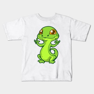 Cartoon gecko shows I love you - ASL hand gesture Kids T-Shirt